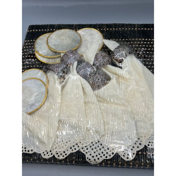 24 Pc Capiz Coasters Rattan Placemats Cowrie Shell Napkin Rings Lace Napkins Set - Picture 4 of 10